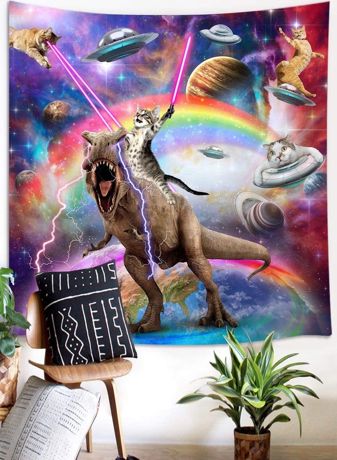 Uokiuki Funny Cat Tapestry for Boys Kids Bedroom, Cool Cat Riding Dinosaur on Fantasy Galaxy Hilarious Wall Tapestry, Funky Outer Space Universe Anime Tapestry Wall Hanging for Bedroom Living Room, 60X40IN - Image 3